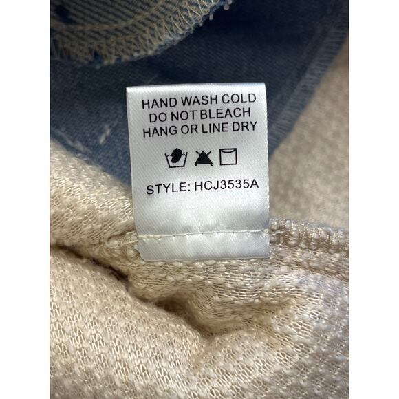 Haptics Good Vibes Denim & Ivory Patchwork Sherpa Half Zip pullover, size large - Picture 7 of 12